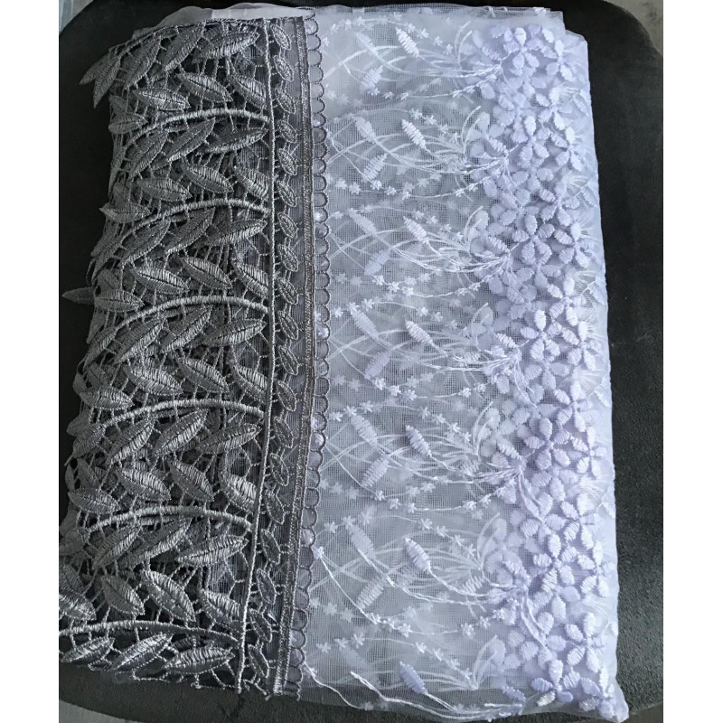 Firana Gotowa 400cmx160cm Dwa Kokony Biała Z Szarą Gipiurą