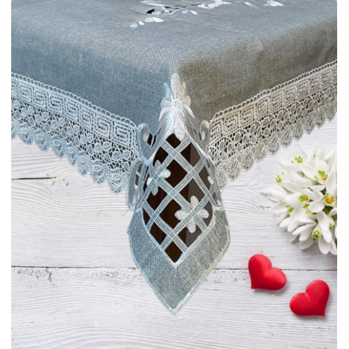 Obrus Lniany Haftowany Szary Z Białą Gipiurą