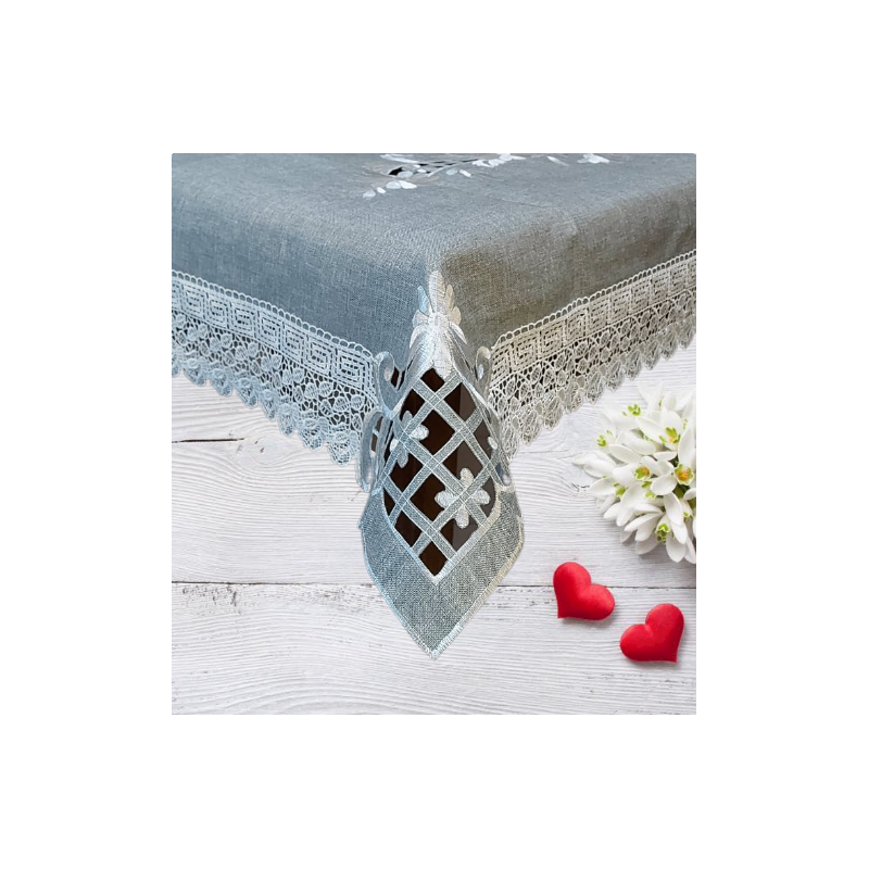 Obrus Lniany Haftowany Szary Z Białą Gipiurą