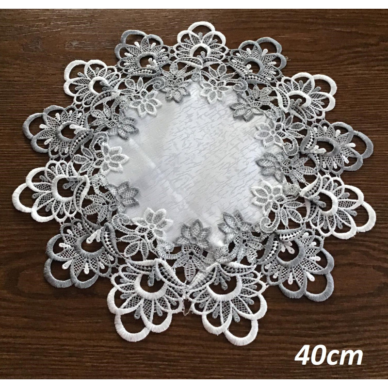 Serwetka Okrągła Biała Obszyta Szarą Gipiurą