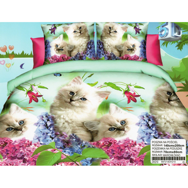 Pościel 3D Satyna Bawełniana 140/200 2 Części Kotki