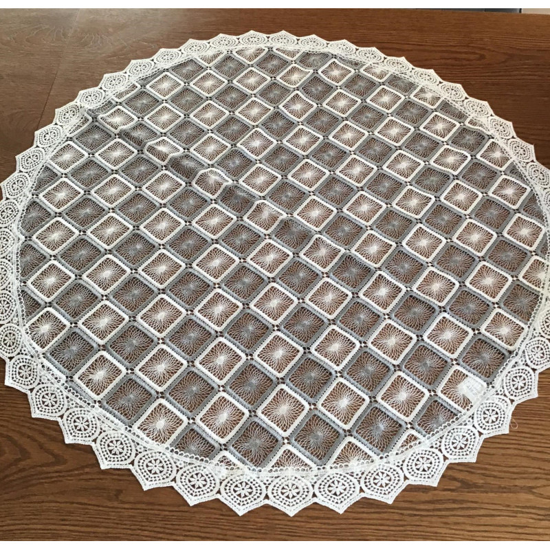 Obrus Okrągły Cały Koronkowy W Biało Szare Kwadraty