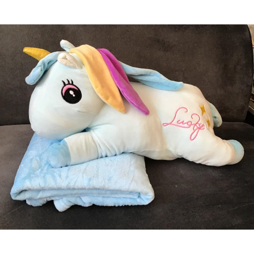 Koc Maskotka 2 w 1 Poduszka Jednorożec Niebieski