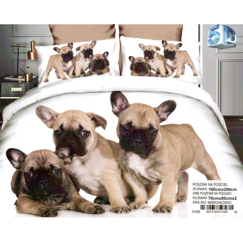 Pościel 3D Satyna Bawełniana 160/200 3 Części Buldogi