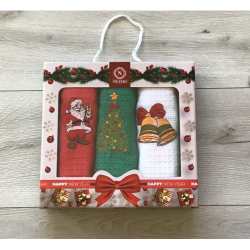 Komplet Ścierek Haftowanych 3 Szt Wzór Świąteczny