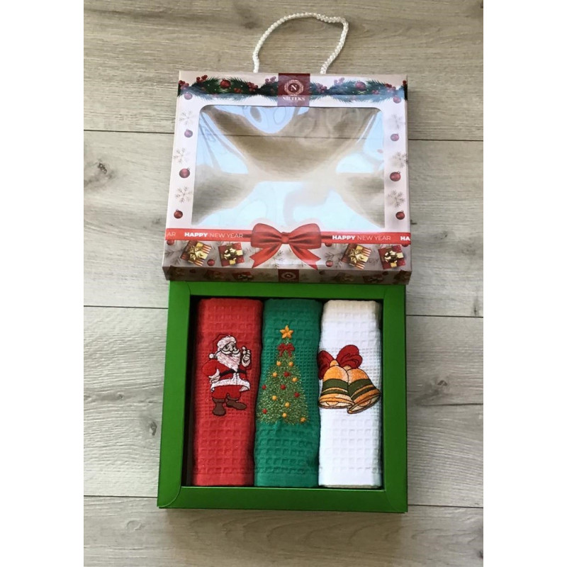 Komplet Ścierek Haftowanych 3 Szt Wzór Świąteczny