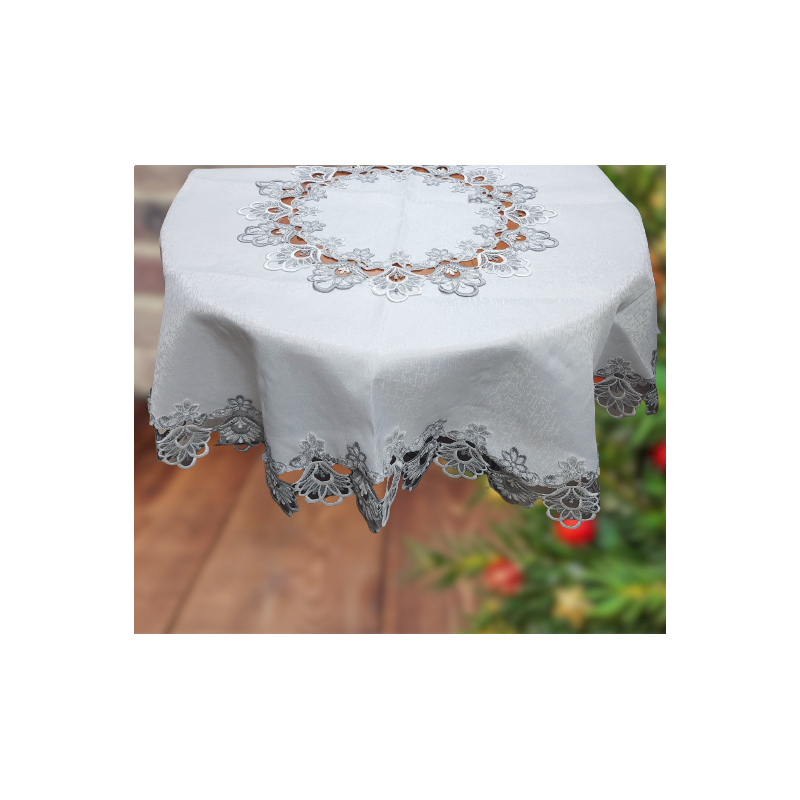 Obrus Okrągły Biały Obszyty Szarą Gipiurą