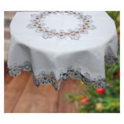 Obrus Okrągły Biały Obszyty Szarą Gipiurą