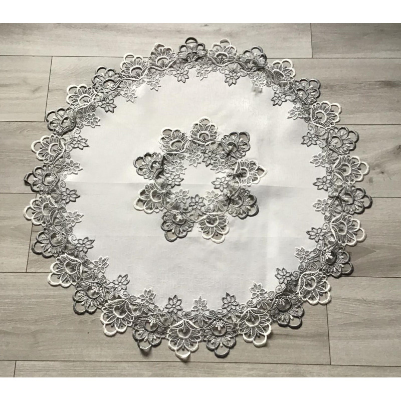 Obrus Okrągły Biały Obszyty Szarą Gipiurą