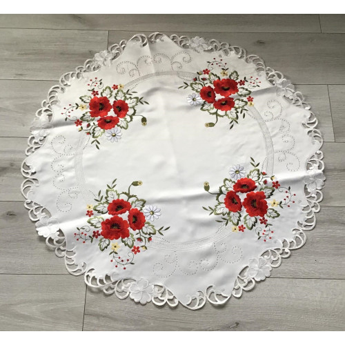 Obrus Okrągły Biały Haftowany Maki