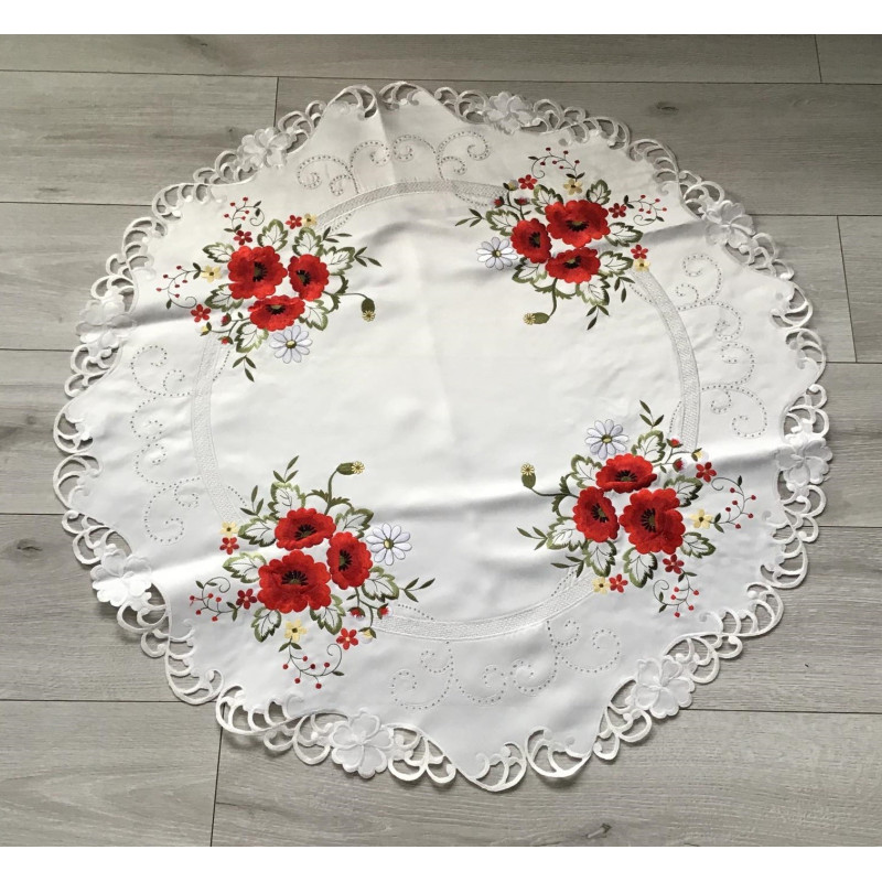 Obrus Okrągły Biały Haftowany Maki