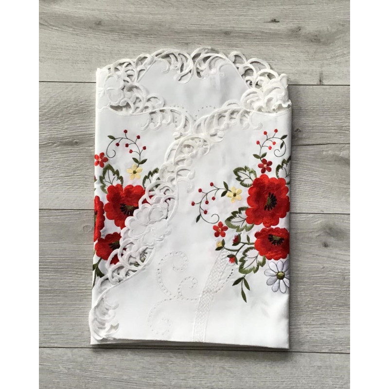 Obrus Okrągły Biały Haftowany Maki