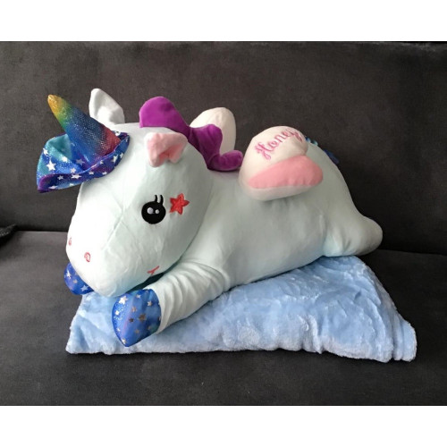 Koc Maskotka 2 W 1 Poduszka Jednorożec Niebieski