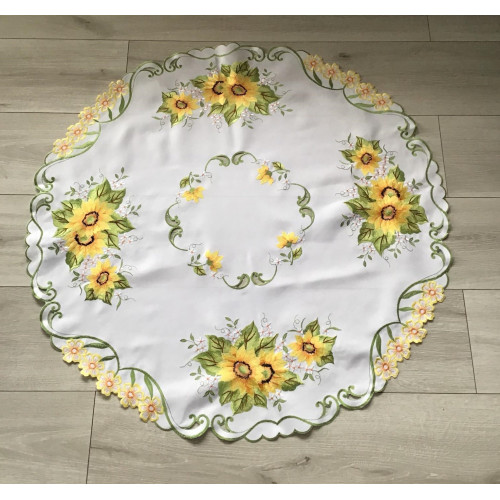 Obrus Okrągły Biały Haftowany Słoneczniki
