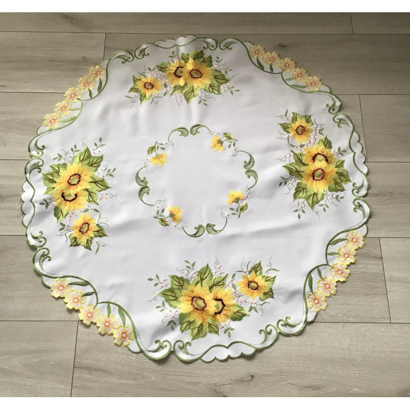 Obrus Okrągły Biały Haftowany Słoneczniki