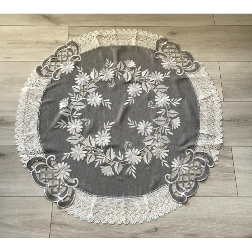 Obrus Okrągły Szary Haftowany Z Białą Gipiurą