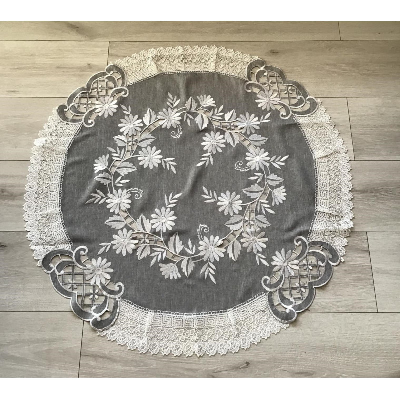 Obrus Okrągły Szary Haftowany Z Białą Gipiurą
