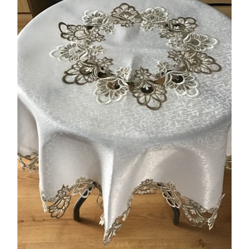 Obrus Okrągły Jasny Ekri Obszyty Beżową Gipiurą