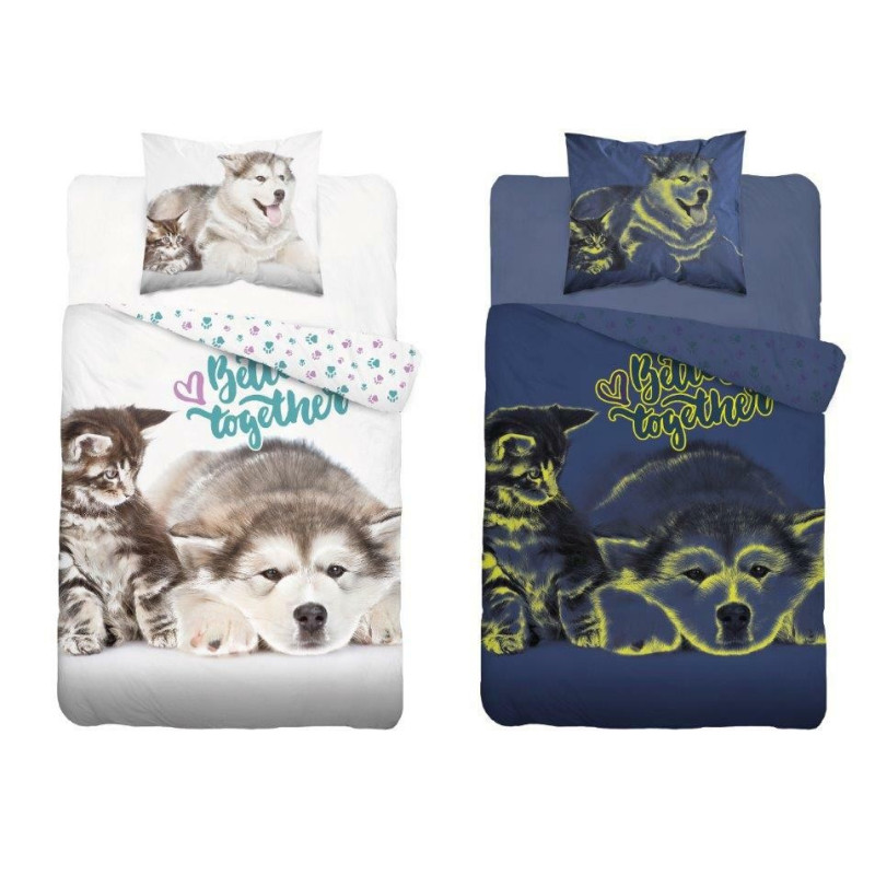 Pościel Fluorescencyjna 100% Bawełna 160x200cm 2cz Pies i Kot