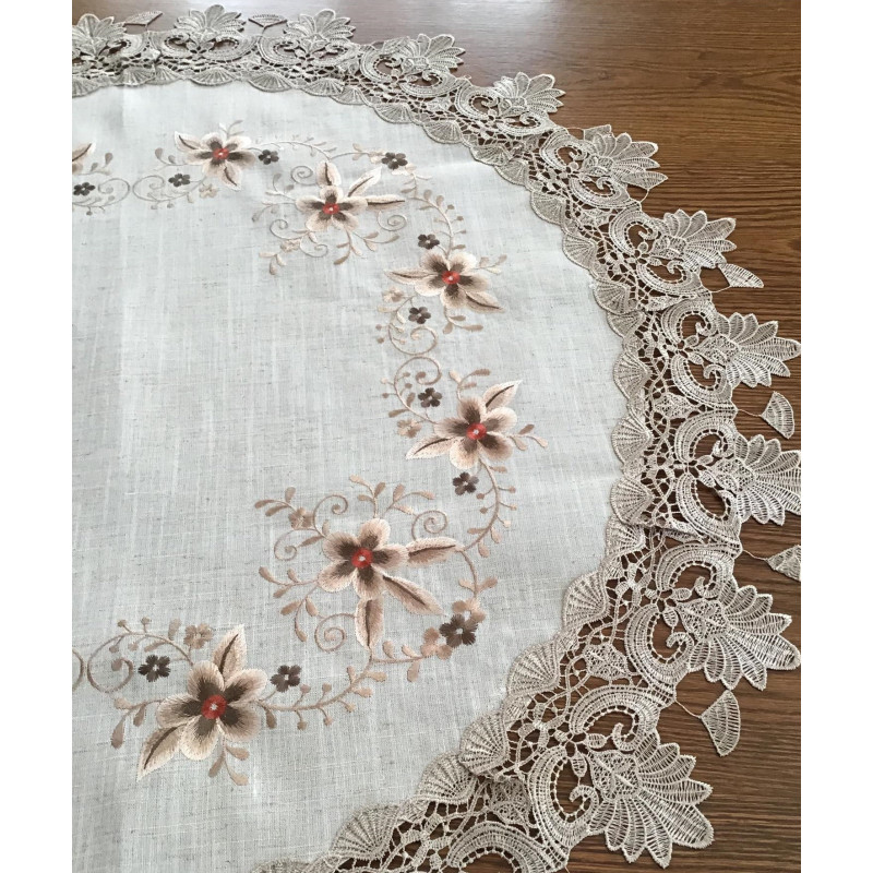 Obrus Okrągły Beżowy Haftowany Z Gipiurą