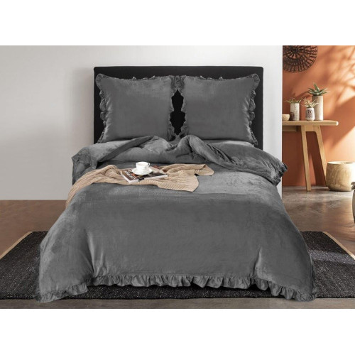 Pościel Gruba Mikrofibra Welurowa Z Falbaną 160x200cm Szara