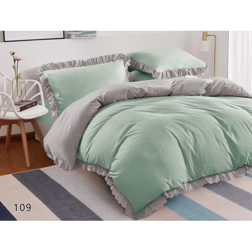 Pościel Z Falbanką Satyna Bawełniana 160x200 3cz Miętowo/Szara