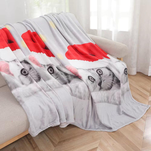 Koc Świąteczny Z Mikrofibry 220x200cm Koty W Czapce Mikołaja