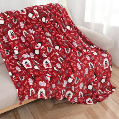 Koc Świąteczny Z Mikrofibry 220x200cm Czerwony Misie I Pingwinki W Cza...