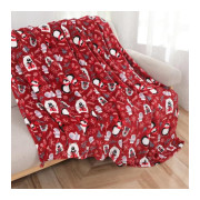 Koc Świąteczny Z Mikrofibry 220x200cm Czerwony Misie I Pingwinki W Cza...