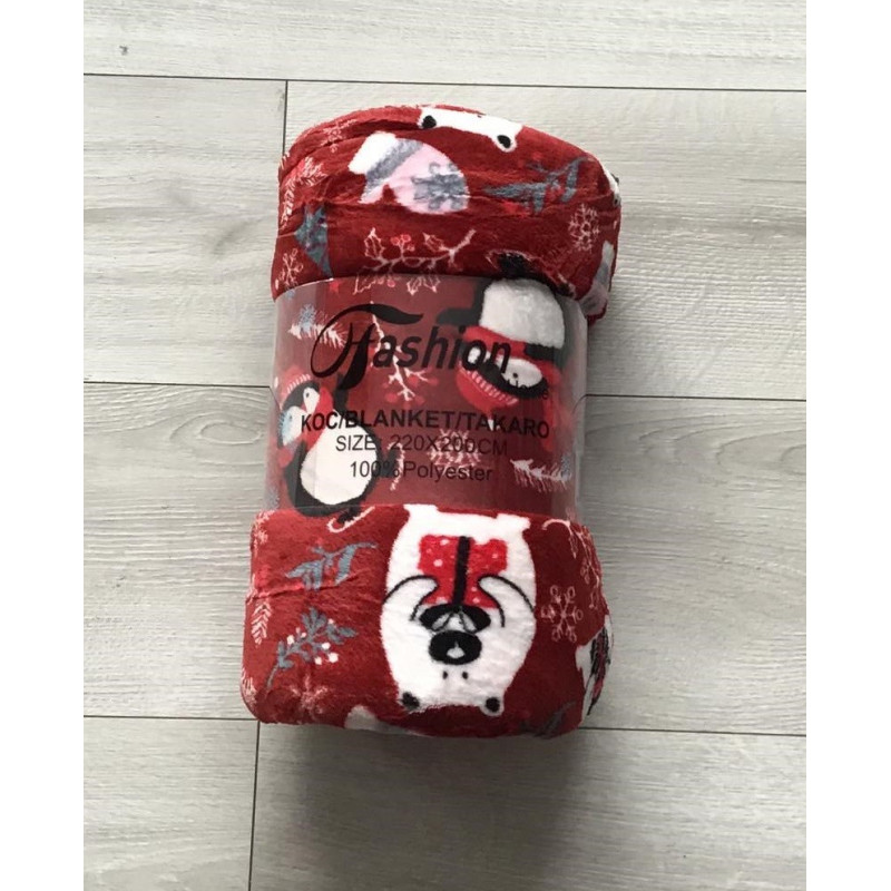 Koc Świąteczny Z Mikrofibry 220x200cm Czerwony Misie I Pingwinki W Cza...