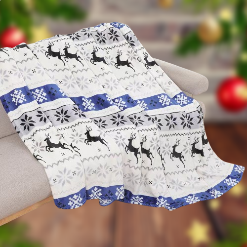 Koc Świąteczny Z Mikrofibry 220x200cm Biało Niebieski Renifery