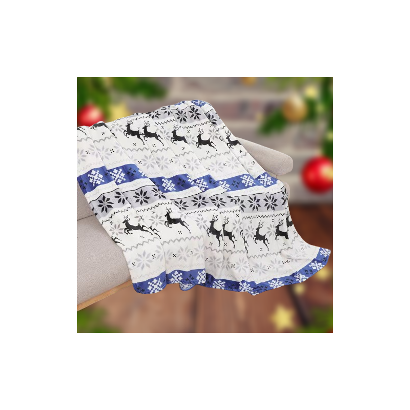 Koc Świąteczny Z Mikrofibry 220x200cm Biało Niebieski Renifery