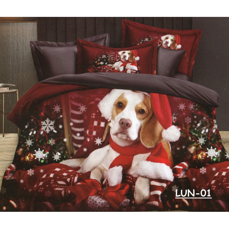Pościel Świąteczna 3D Satyna Bawełniana 220/200 4cz Pies