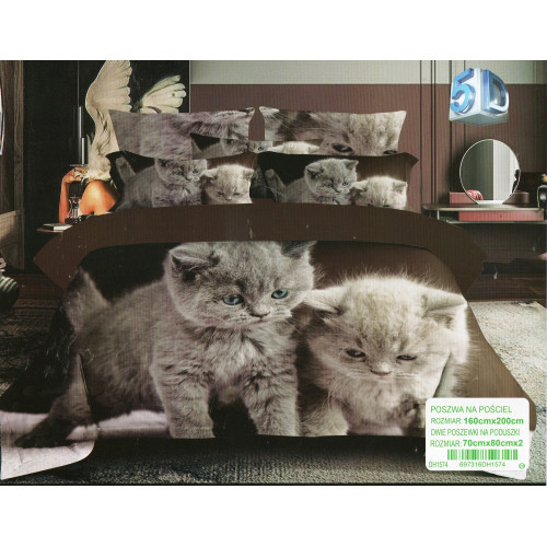 Pościel 3D Satyna Bawełniana 160/200 3cz Szare Kotki