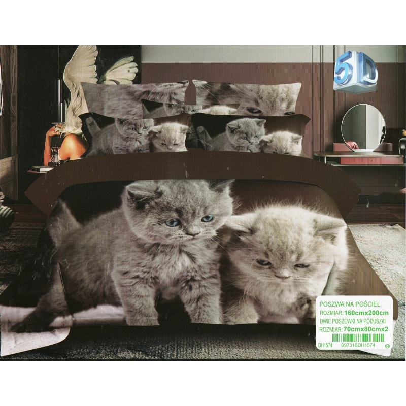 Pościel 3D Satyna Bawełniana 160/200 3cz Szare Kotki