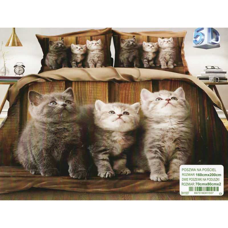 Pościel 3D Satyna Bawełniana 160/200 3cz Szare Kotki
