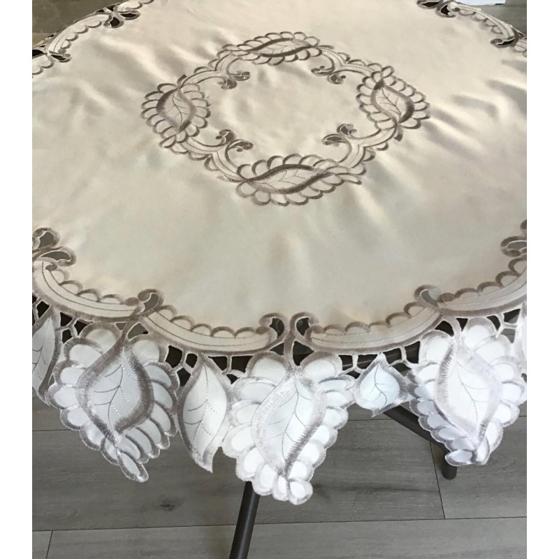 Obrus Okrągły Biały W Haftowane Szare Liście