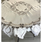 Obrus Okrągły Biały W Haftowane Szare Liście