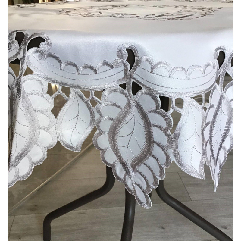 Obrus Okrągły Biały W Haftowane Szare Liście