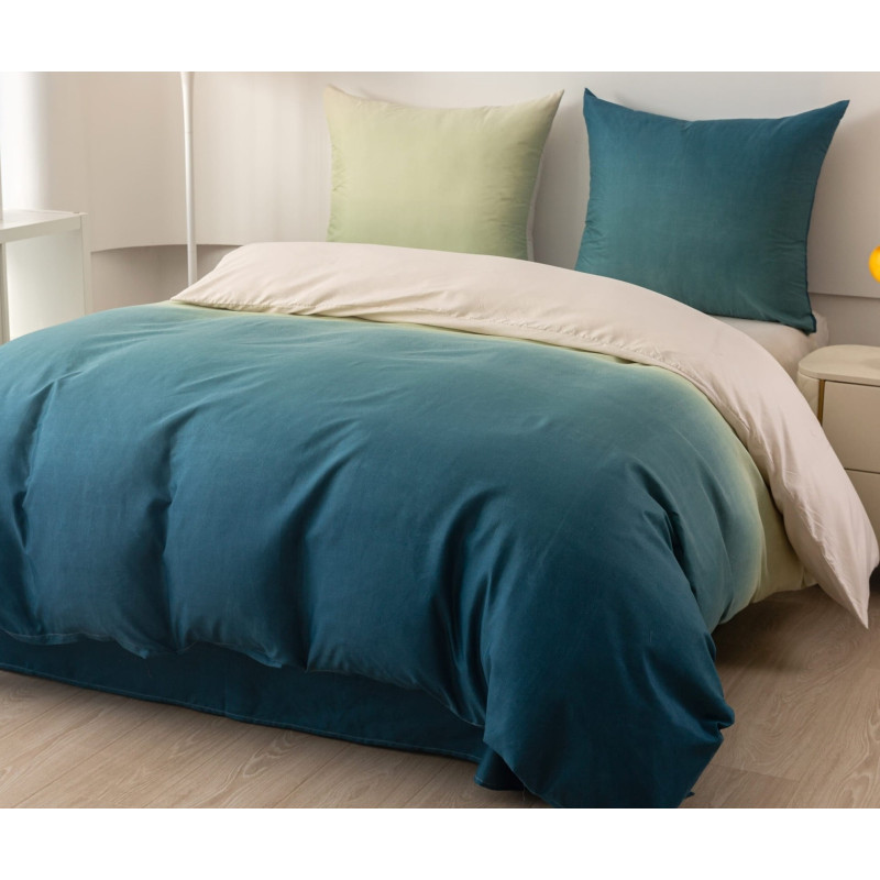 Pościel Dwustronna 3D Satyna Bawełniana Ombre 160x200 Beż/Morski