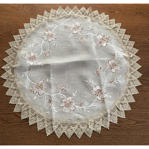 Obrus Okrągły Beżowy Haftowany Z Gipiurą