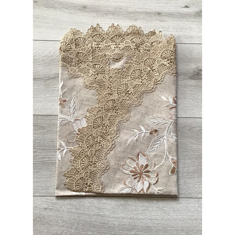 Obrus Okrągły Beżowy Haftowany Z Gipiurą