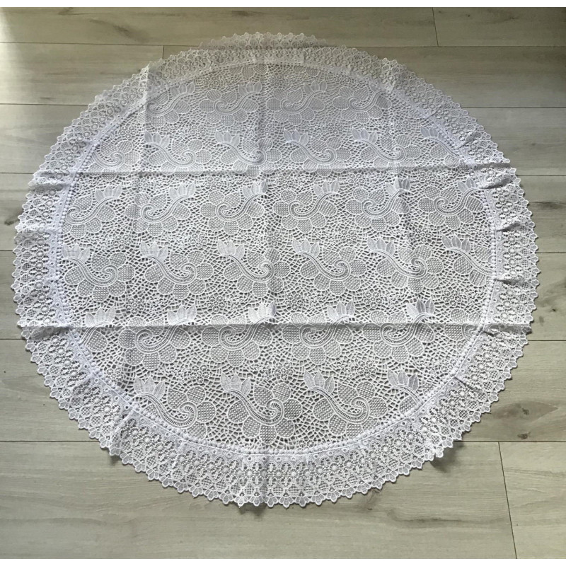 Obrus Biały Okrągły Cały Koronkowy