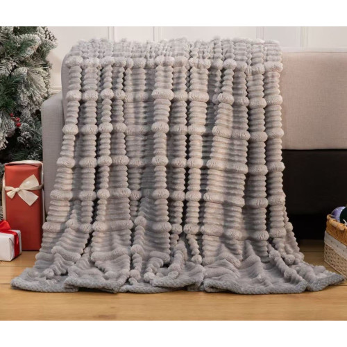 Koc Mikrofibra Grubo Tłoczone Pasy 220x200cm Szary