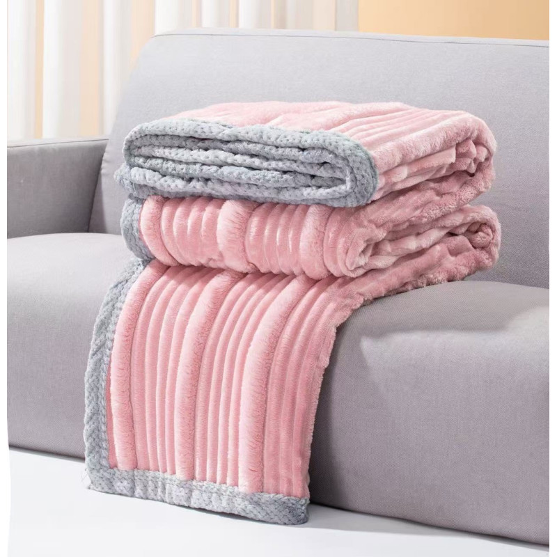 Koc Mikrofibra Grubo Tłoczone Pasy 160x200cm Pudrowy Róż